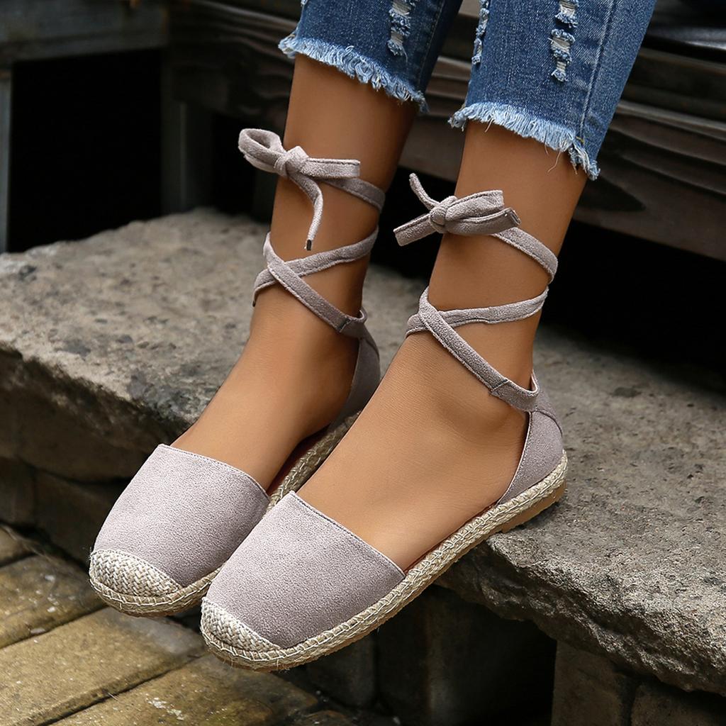 Fashion Women Sandals Summer Fashion Round Toe Solid Casual Shoes Flat Ankle Lace Up Rattan Straw Sole Roman Sandals Designer Sandals