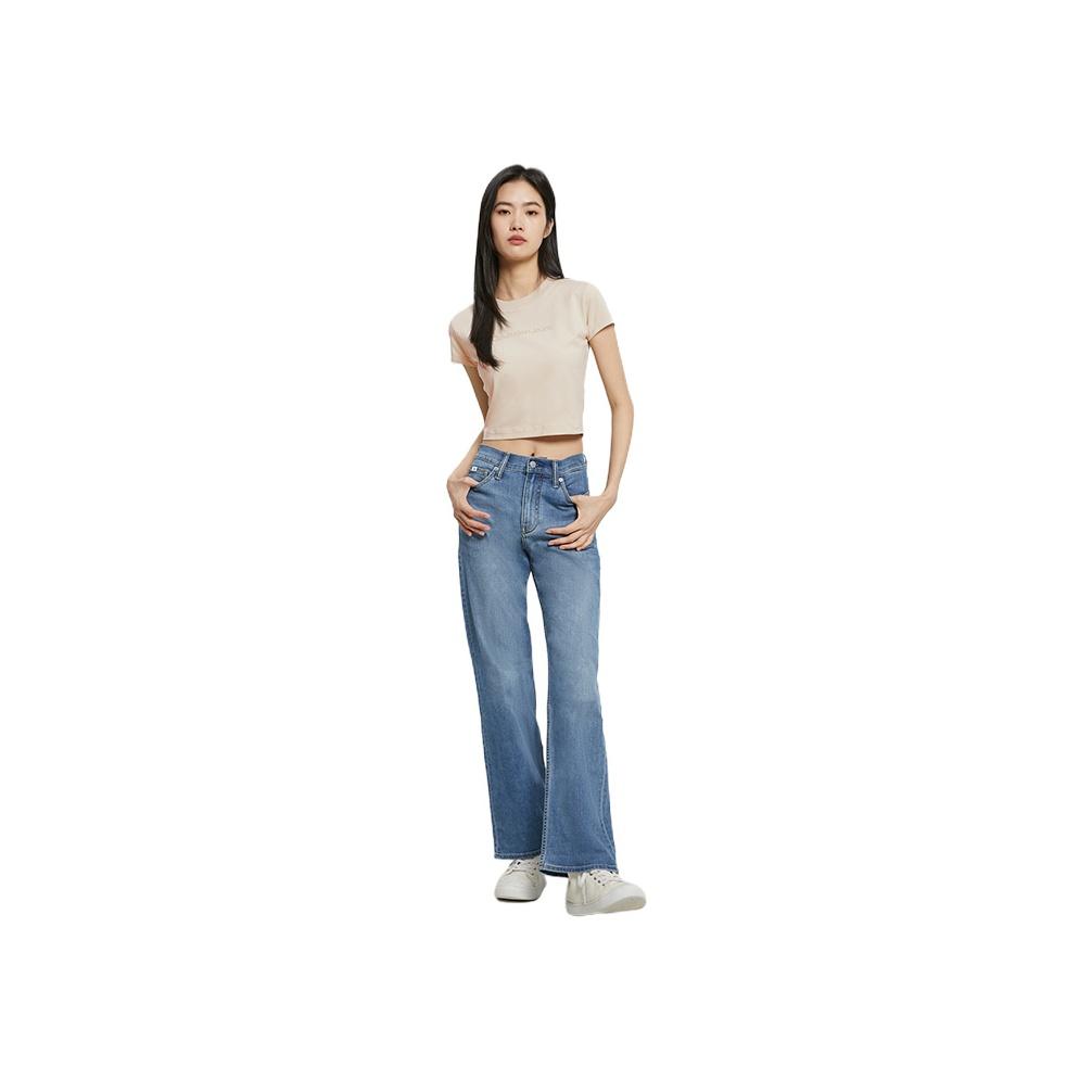 Calvin Klein SS23 Однотонная укороченная футболка с круглым вырезом и короткими рукавами, женские топы, светло-хаки, J221172-ACI