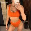 Сексуальный купальник в рубчик с высокой талией, женский купальник из двух частей, комплект бикини, оранжевый купальный костюм