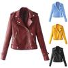 Solid Color Women Faux Leather Lapel Motorcycle Jacket Long Sleeve Zip Up