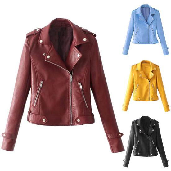 Solid Color Women Faux Leather Lapel Motorcycle Jacket Long Sleeve Zip Up Coat