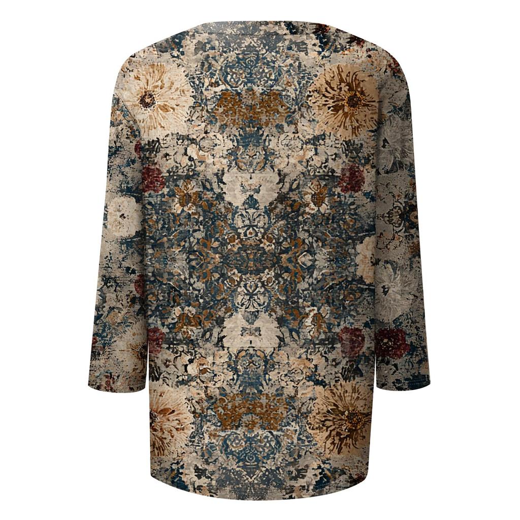 Trendy Vintage 3/4 Sleeve Top For Women,Ladies Casual Three Quarter Sleeve Round Collar Printed T-Shirt Blouse