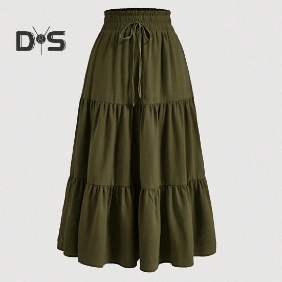 Женская юбка в стиле бохо, эластичная, с высокой талией, регулируемая, с завязками на талии, однотонная, А-силуэт, летняя юбка