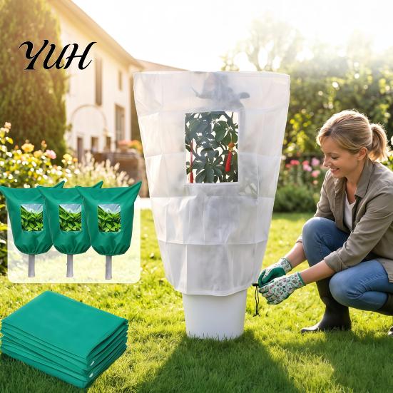 Garden Shrub Frost Guard Winter Plant Cover, Drawstring Freeze Protection Bag with Window, Non-woven Heavy Duty Cold Cover Fabric Blanket for Outdoor