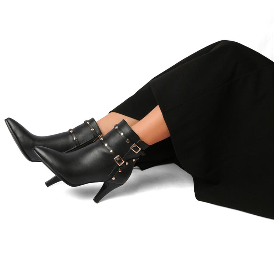 FOREADA Women Ankle Boots Pointed Toe Kitten High Heels Buckle Zipper Rivets Short Boots Ladies Fashion Shoes Winter Red 46