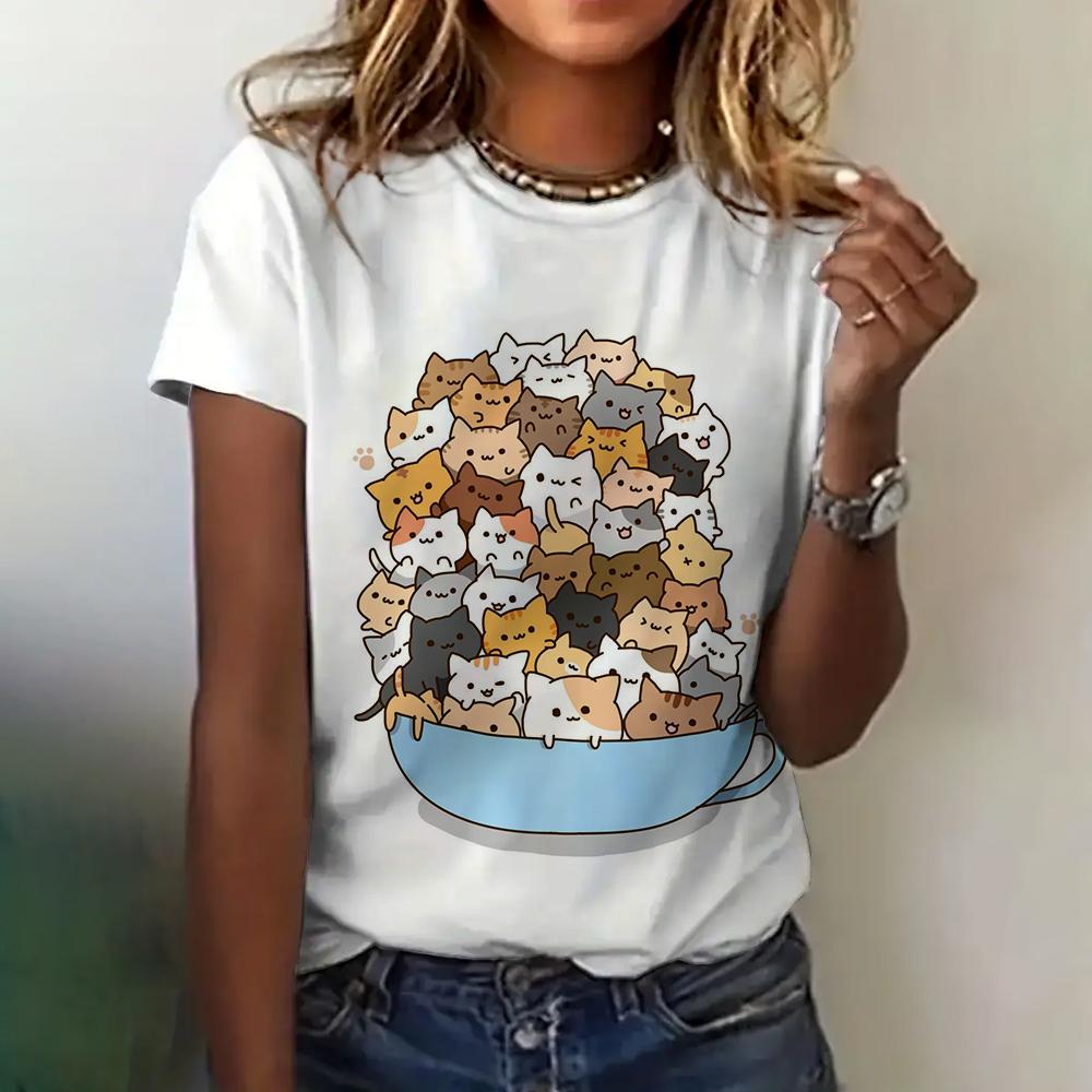 Футболка с 3D-принтом, женская одежда, летняя, с круглым вырезом, дышащая, с коротким рукавом, с милым рисунком кота, свободная, повседневная одежда, женская футболка