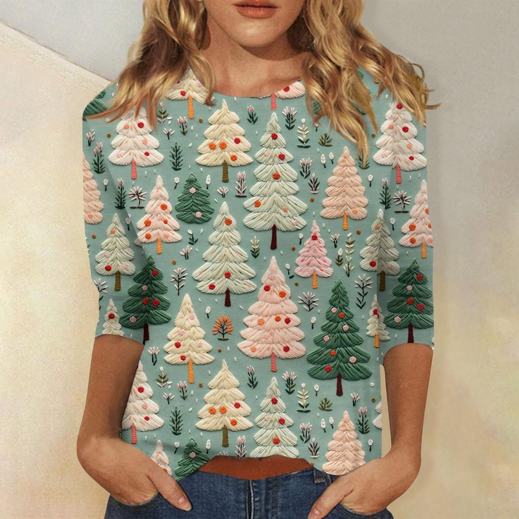 Women's Fashionable Casual Three-Quarter Sleeve Christmas Print Round Neck Top