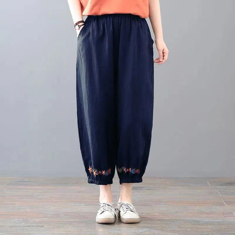 Укороченные брюки большого размера в стиле ретро, однотонные женские повседневные брюки из хлопка и конопли