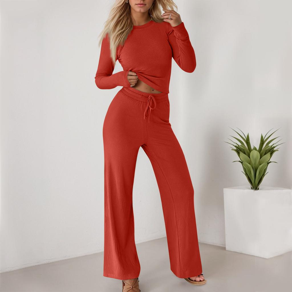 Женская спортивная одежда, повседневный короткий топ, длинные брюки, однотонный комплект из двух предметов, комплект с длинными рукавами