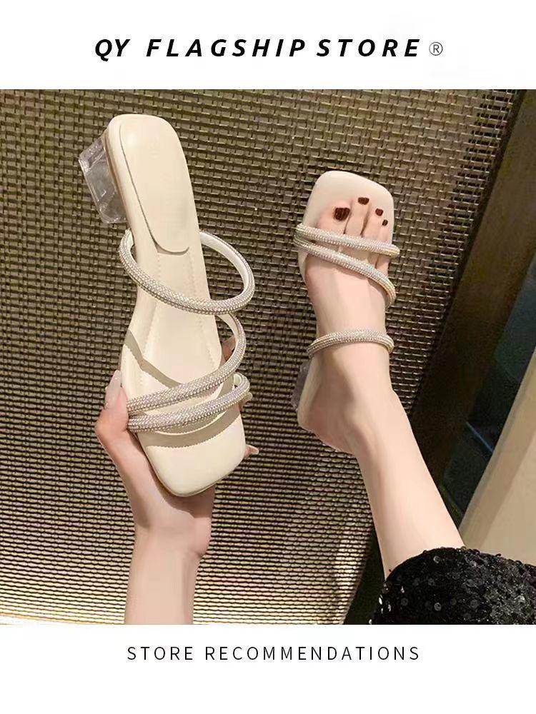 Summer new wear thin heel cool slippers women 2025 elegant rhinestones with skirt square head open toe high heel one-word drag