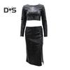 2 Pcs/Set Women Top Skirt Suit Shiny Sequin Long Sleeve O Neck Short Waist Exposed Top High Waist Split Slim Fit Club Party Midi Skirt Set