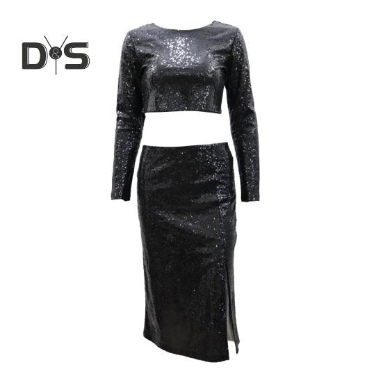2 Pcs/Set Women Top Skirt Suit Shiny Sequin Long Sleeve O Neck Short Waist Exposed Top High Waist Split Slim Fit Club Party Midi Skirt Set