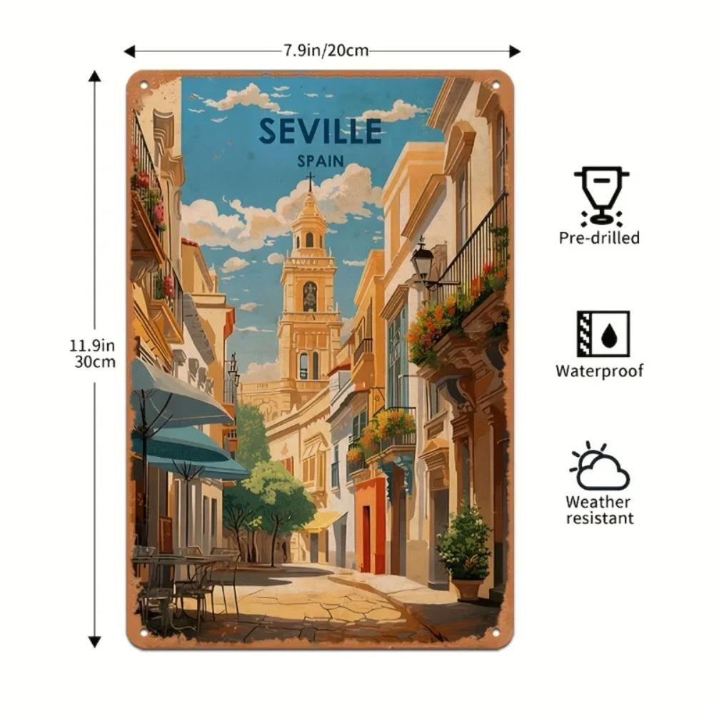 SpainLandscapeCo Винтажная металлическая табличка Севилья, Испания - Открытка Пейзажное искусство, Декор для кафе/кабинета/вечеринки/дома