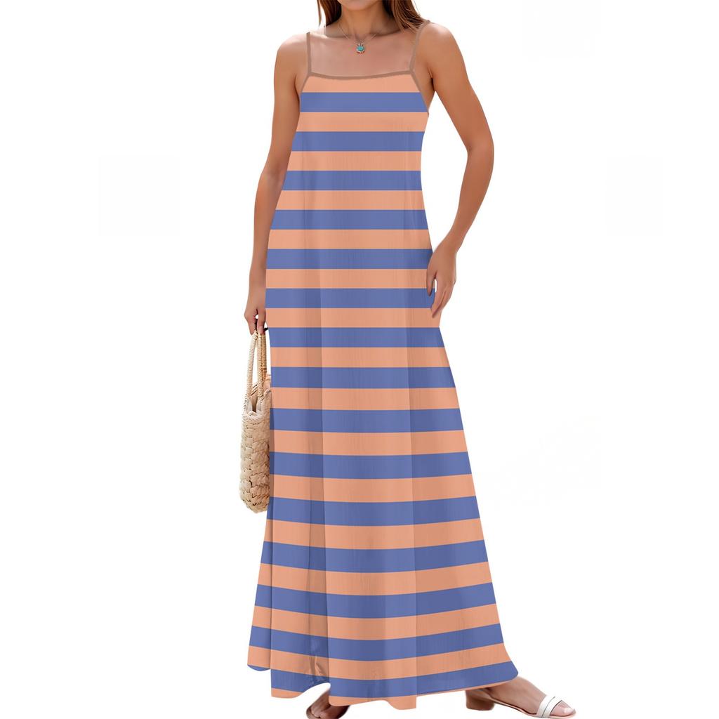 Women's Spring And Summer Casual Fashion Adjustable Suspenders Printed Long Dress