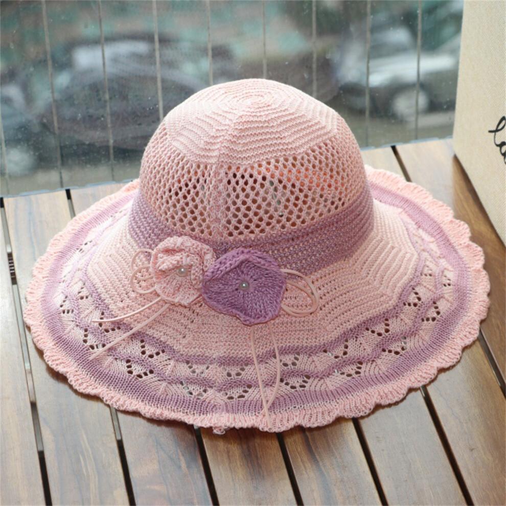(One Size, Pink) Women Summer Knit Sun Hat Breathable Crochet Flower Wide Brim Sun Protection Fisherman Cap