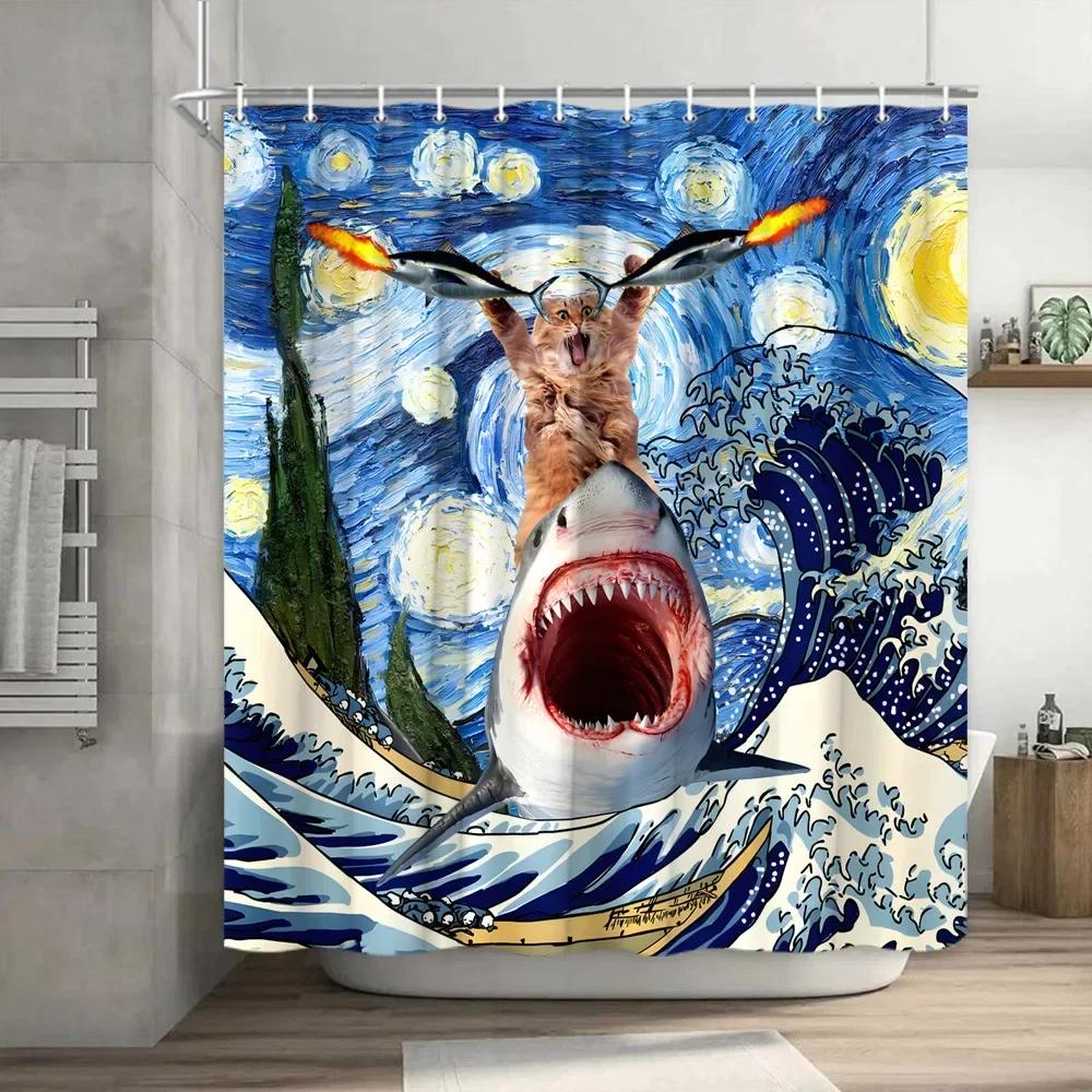 Смешная занавеска для душа Brave Cat Cartoon Душевая занавеска Waves Ocean Decor Ткань Душевая занавеска Set with Hooks Bathroom Decoration