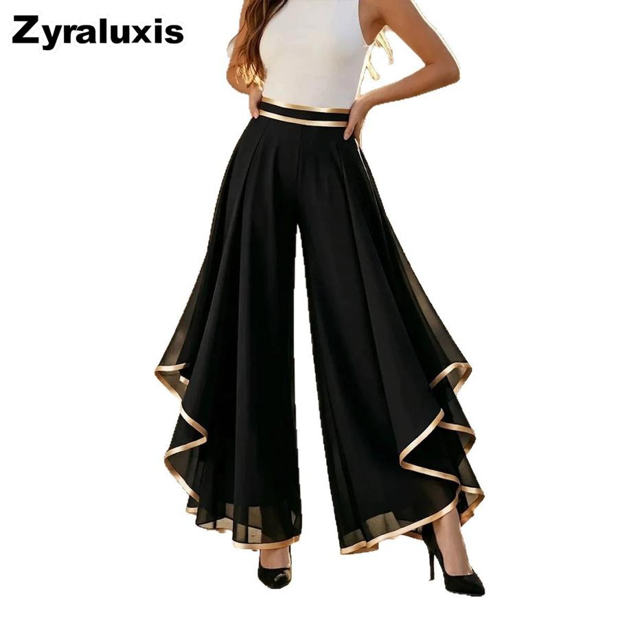 New Women's Fashion Patchwork Ruffle Layered Sheer High Waist Casual Wide Leg Pants