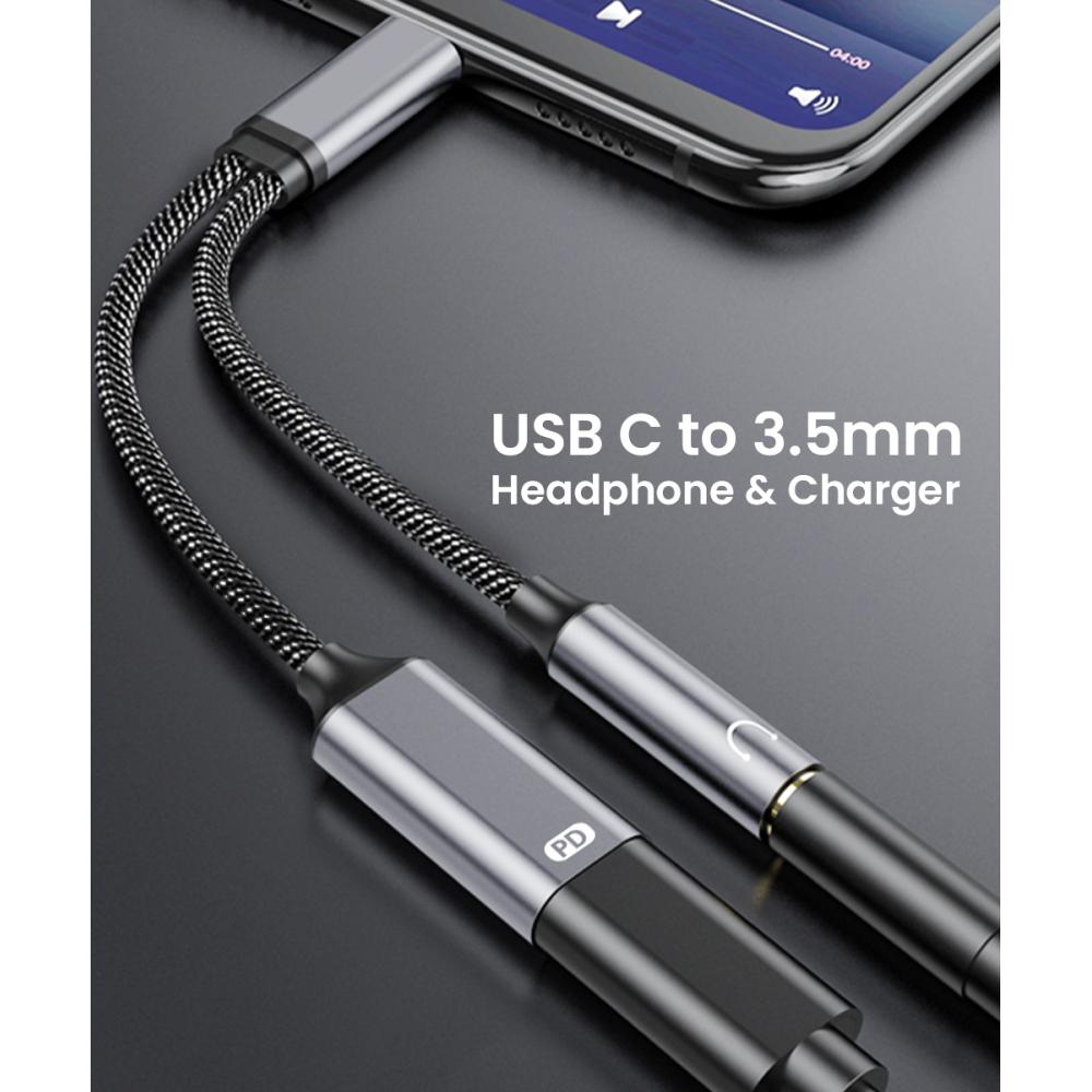 2 In 1 USB C To 3.5mm Headphone and Charger Adapter USB Type C To Aux Jack with PD 60W Fast Charging for iPhone 15 Pro Max Plus