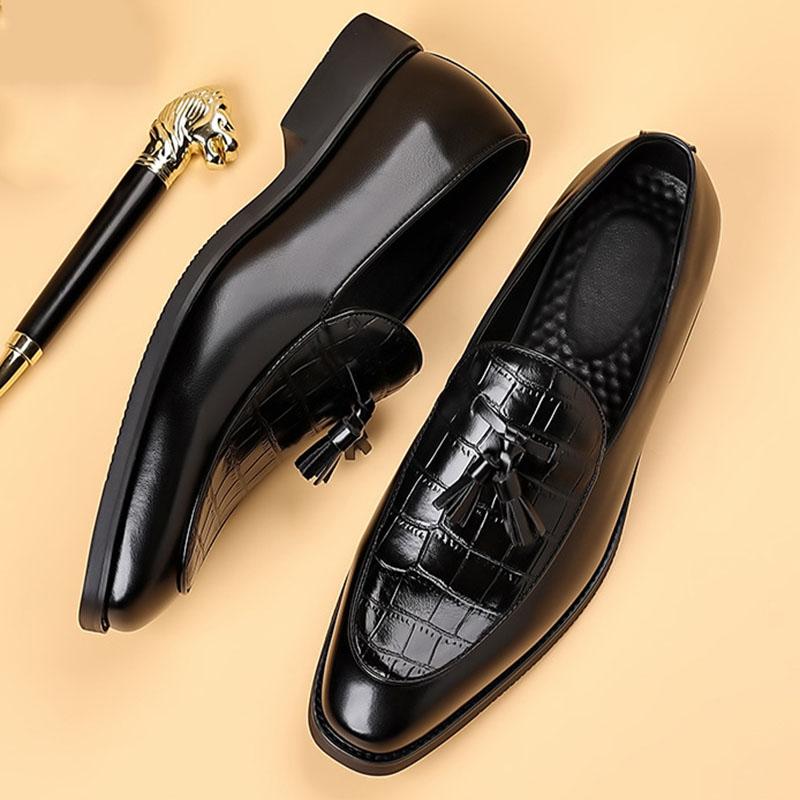 Британские Мужские Остроносые Кожаные Туфли с Узором под Крокодила Business Casual Для Мужчин Лоферы с Кисточками Формальная Свадебная Обувь