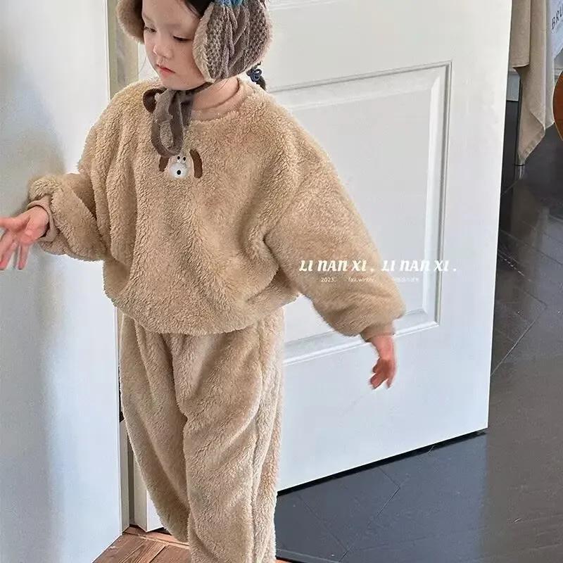 Зимняя пижама с плюшевым мишкой для мальчиков и девочек, симпатичные толстовки, теплые толстовки с капюшоном и штаны, комплект из 2 предметов, детская одежда для мальчиков