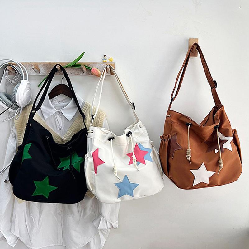 Women Star Nylon Shoulder Bag Drawstring Crossbody Bag Large Capacity Casual Satchel Student Travel Bag