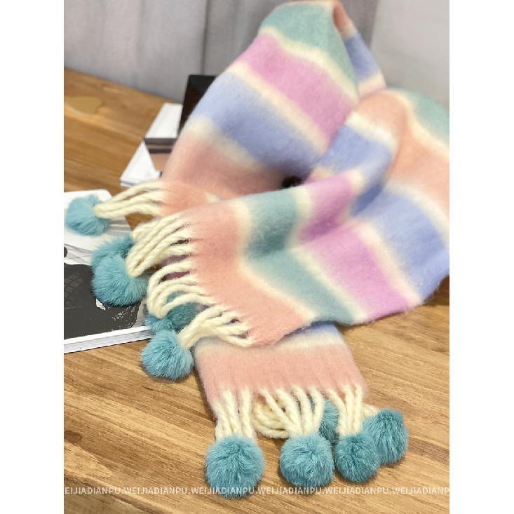 A Cute And Versatile Scarf With A Fashionable Design For Women Featuring Thick Woolen Balls Brushed Hair Tassels And Striped Stripes