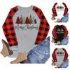 Women Casual Christmas Printing Plaid Raglan Long Sleeve Shirts Blouse Tops