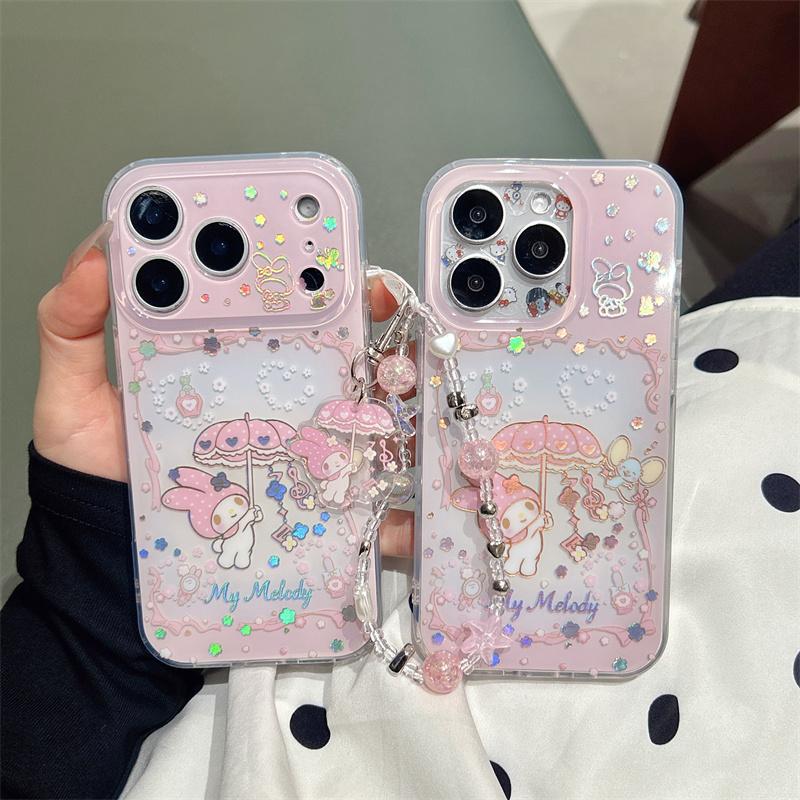 New My Melody Kawaii Glitter Phone Case With Wrist Strap For iPhone 15 16 17 Pro Max INS Pink Cute Shockproof Protective Cover