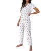 Women's Cherry Print Pajama Set Short Sleeve Button Front Top Long Pants Sleepwear Set Lace