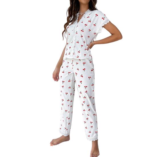 Women's Cherry Print Pajama Set Short Sleeve Button Front Top Long Pants Sleepwear Set Lace