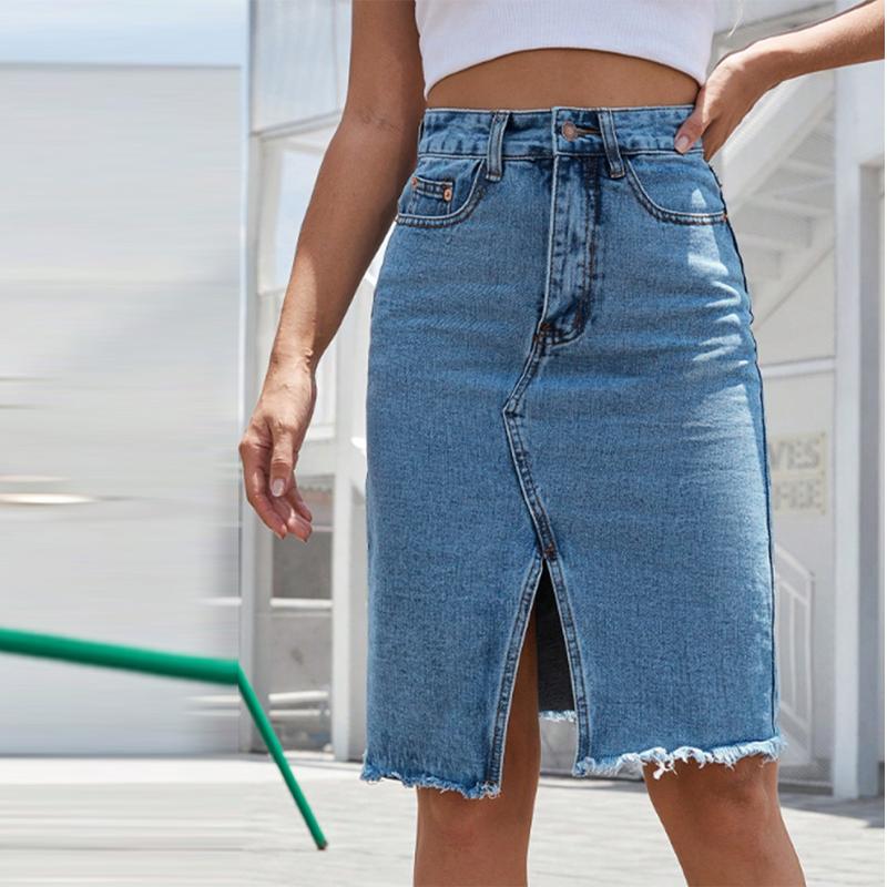 Юбки из денима для женщин, джинсы с высокой талией, потертым необработанным краем, юбка-клеш с карманами, летняя узкая юбка с разрезом и запахом