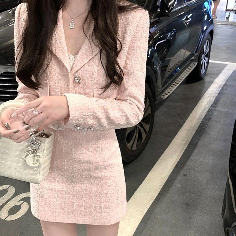 Women's Korean-Style Tweed Pink Blazer & High-Waisted Skirt Set