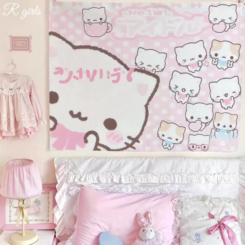 Cute Pink Cartoon Kitten Tap of Polyester with Single Side 2D Print for Girl Bedroom Nursery Decor Lovely Soft Home Indoor Wall