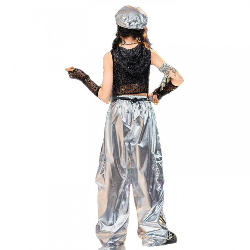 Girls Jazz Dance Costume Set Kids Hip Hop Performance Outfit Sequined Pants Top