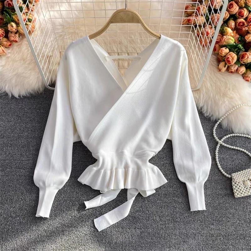 Офисные женские однотонные топы осень-зима сексуальный V-образный вырез на спине пуловер женский элегантный модный свитер свободная одежда 28267