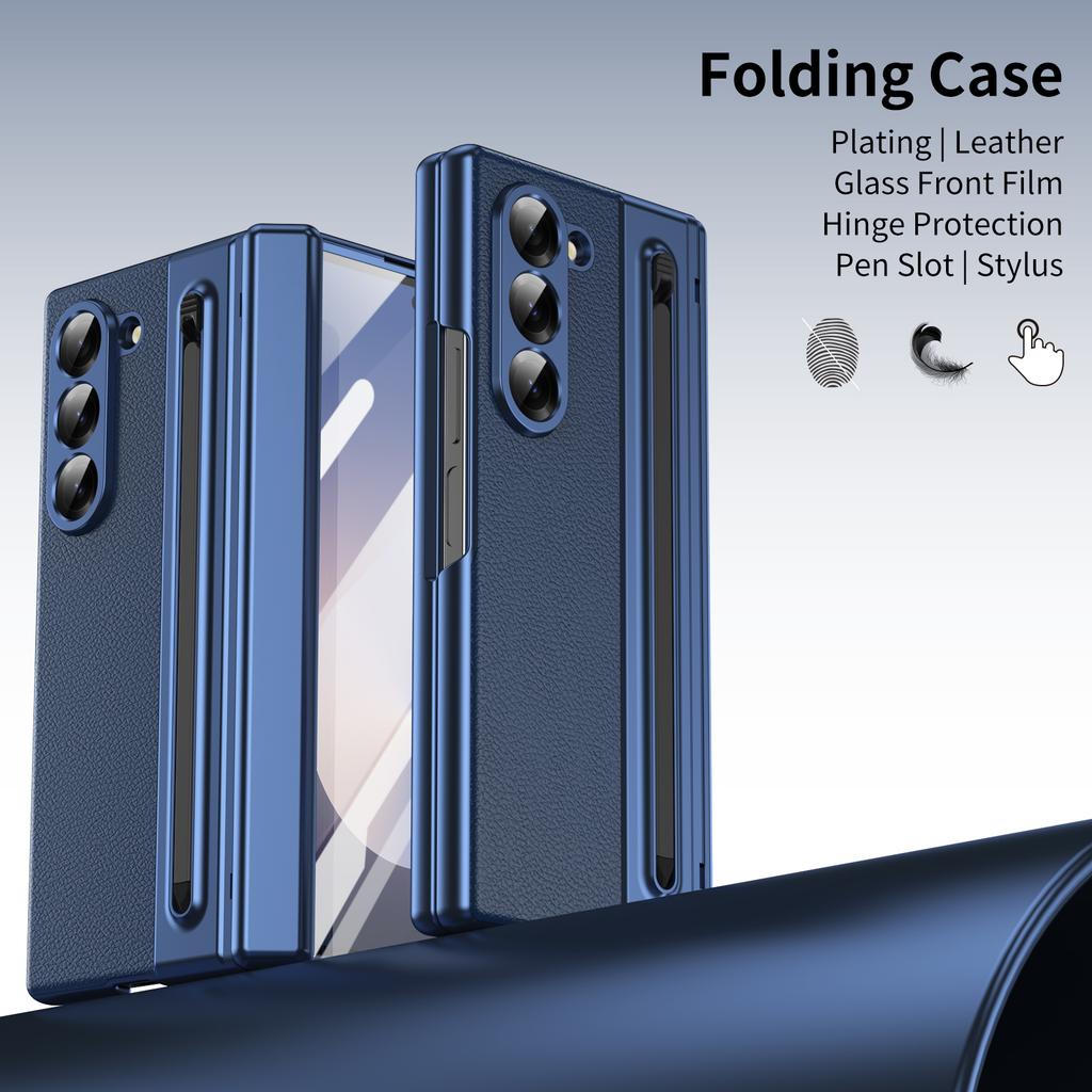 Business Electroplated PU Leather Phone Case for Samsung Z Fold 3 4 5 6 7 With Stylus Built in HD Screen Protector Hard Cover
