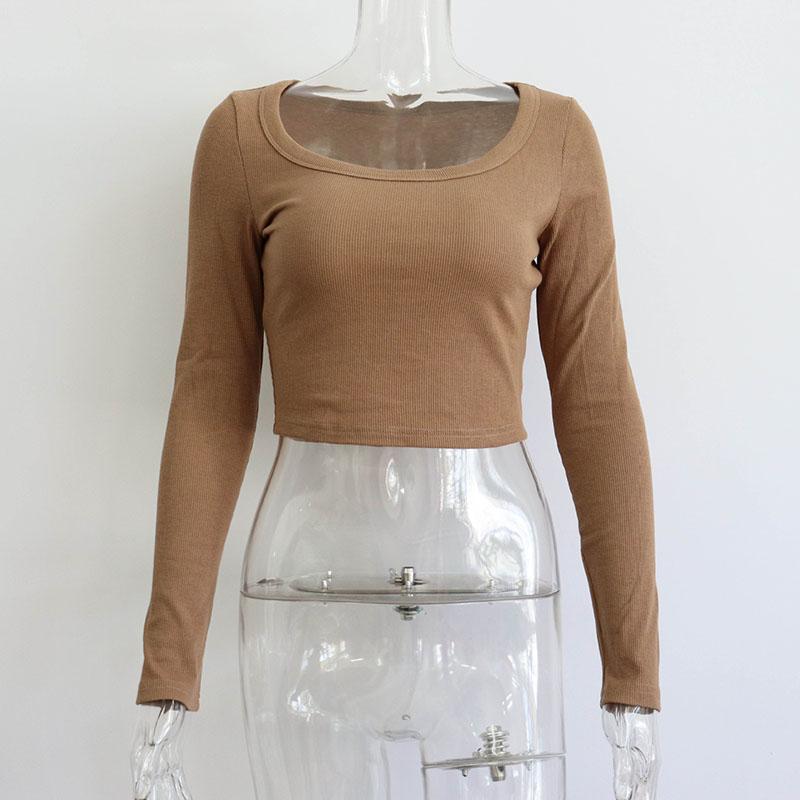 Womens Scoop Neck Long Sleeve T-Shirts Casual Basic Ribbed Crop Knit Tops Spring Autumn Slim Fit Solid Color Bottoming Shirt