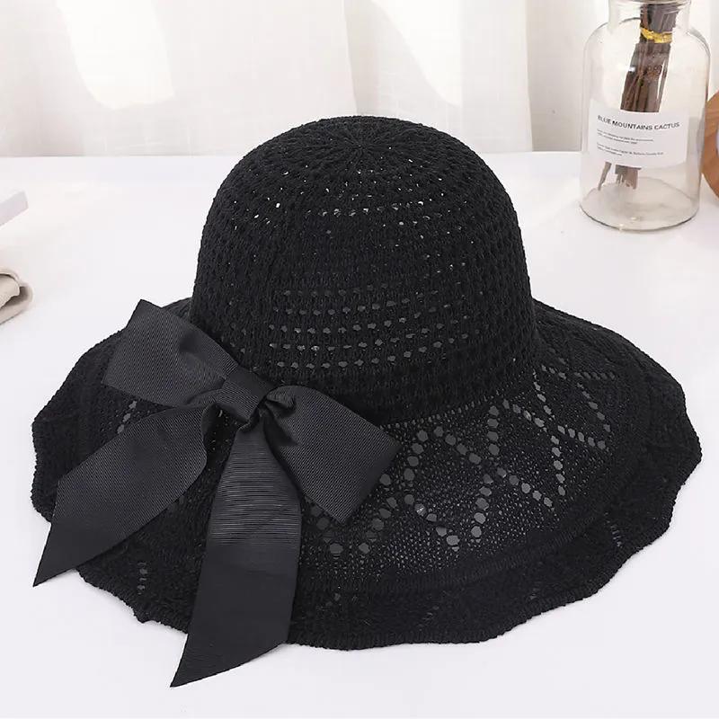 WTEMPO Summer Black Bow Wide Brim Outdoor Travel Knitted Hats Women's Foldable Solid Color Casual Versatile Hats