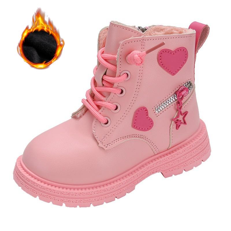 Короткие ботинки для девочек Детские короткие ботинки Кожаные ботинки Love в британском стиле Одинарные ботинки Теплые ботинки для девочек из бархата