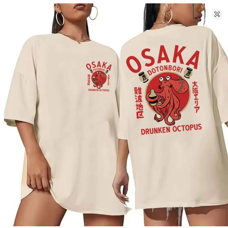 Osaka Dotonbori Drunken Octopus Food Lover Funny T Shirts Women Retro Harajuku Oversized Cotton TShirt Streetwear
