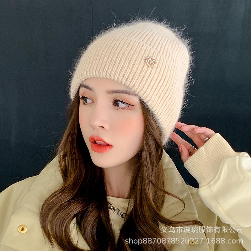 Fashion rabbit fur wool hat women's fashion rhinestone letter versatile ear protector knitted hat big head circumference shows small face