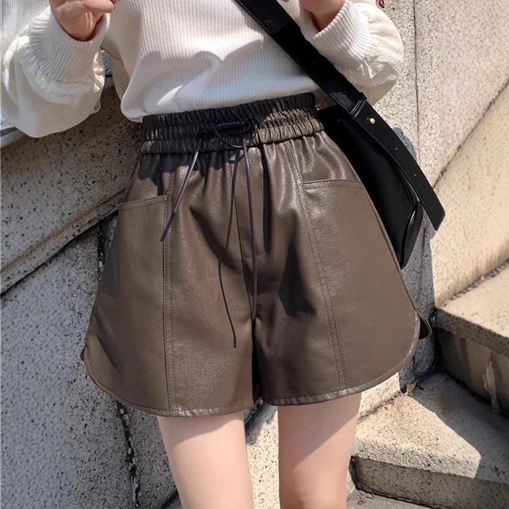 Autumn 2024 Women's High-Waist PU Leather Wide-Leg Shorts - Casual A-Line Style