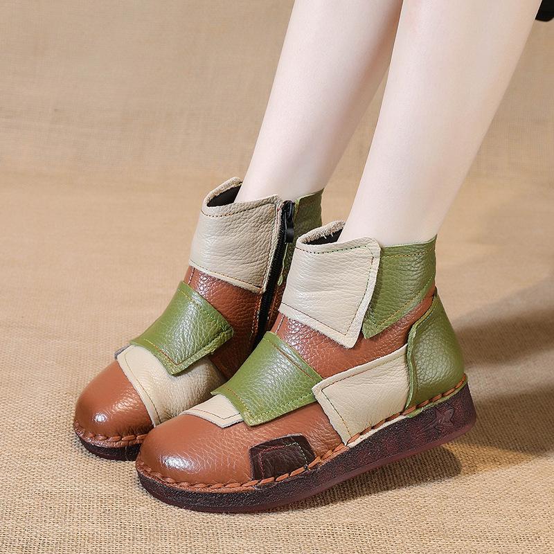 Woman Boots Vintage Handmade Shoes Cow Leather Winter Comfortable Plush Booties Women's Genuine Leather Non-slip Ankle Boots