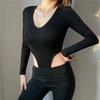 Модный стиль футболка с длинными рукавами женская однотонная с большим V-образным вырезом сексуальная сексуальная стройнящая укороченная одежда цельная самая простая для сочетания топы мода