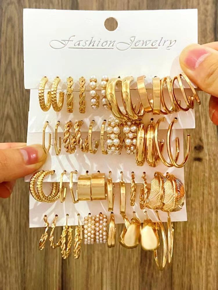 2026 Взрывные Серьги Серьги Геометрические Квадратные Серьги Ретро Жемчуг Набор Открыток Сплав Серьги Комбинация Серег