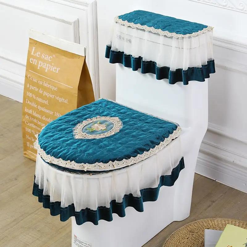 Европейский вышитый коврик для сиденья для унитаза, комплект из трех предметов, плюшевый теплый туалетный столик, пылезащитный чехол, кружевной край, прозрачный подол, подушка для сиденья унитаза