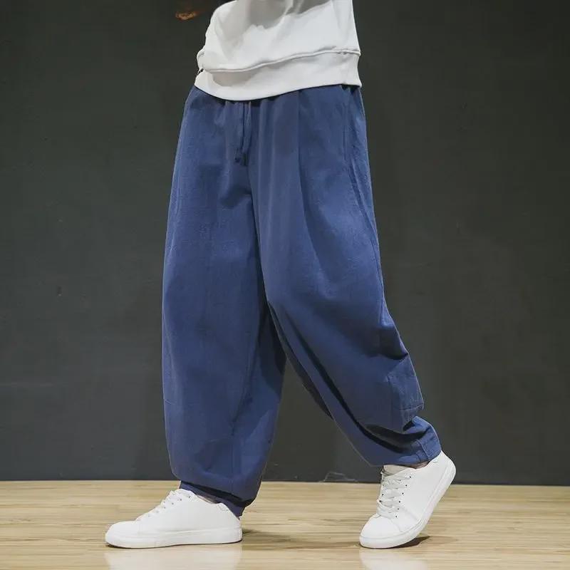 Мужские льняные шаровары больших размеров: Свободные шаровары в китайском стиле с широкими штанинами