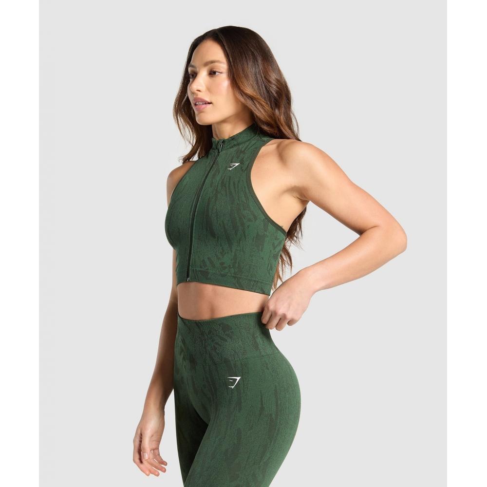 Gymshark Адаптировать Camo бесшовный застегивающийся укороченный топ Trail Green Classic Green B3c2n Ec3b