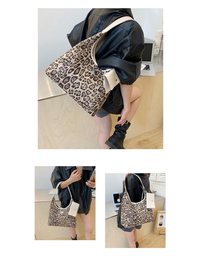 Leopard Print Velvet Shoulder Bag with Wide Strap - Large Capacity Fashion Tote