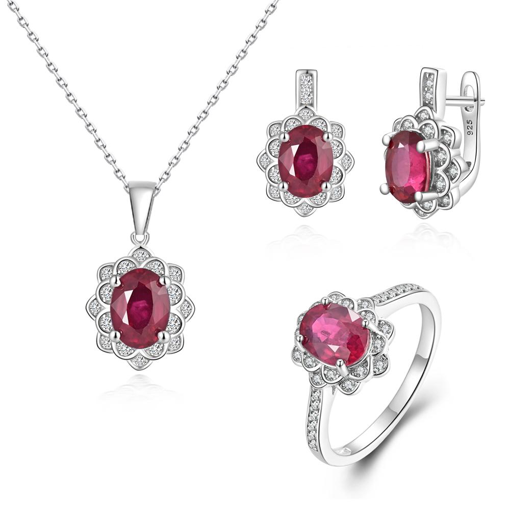 Natural Filled Ruby Jewelry Set July Birthstone 925 Silver Ring Earrings Necklace for Women Wedding Banquet Gifts Rare Precious